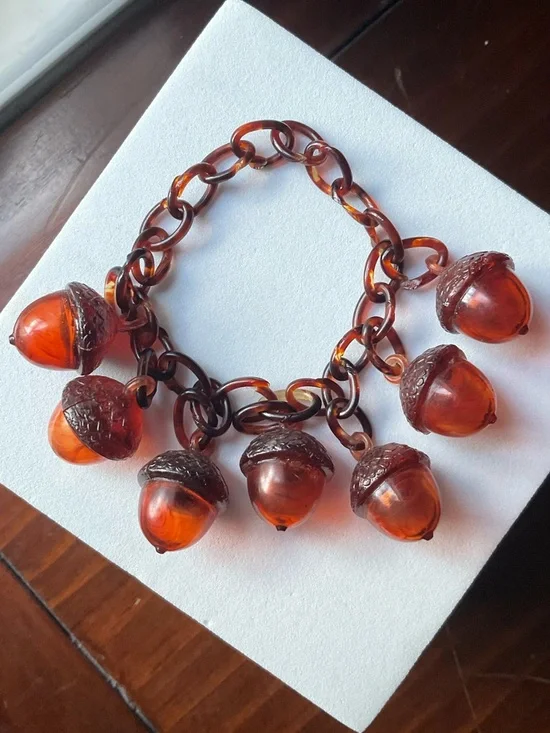 Vintage Antique Celluloid Acorn Charms Link Faux Tortoise Shell Bracelet - Picture 8 of 9